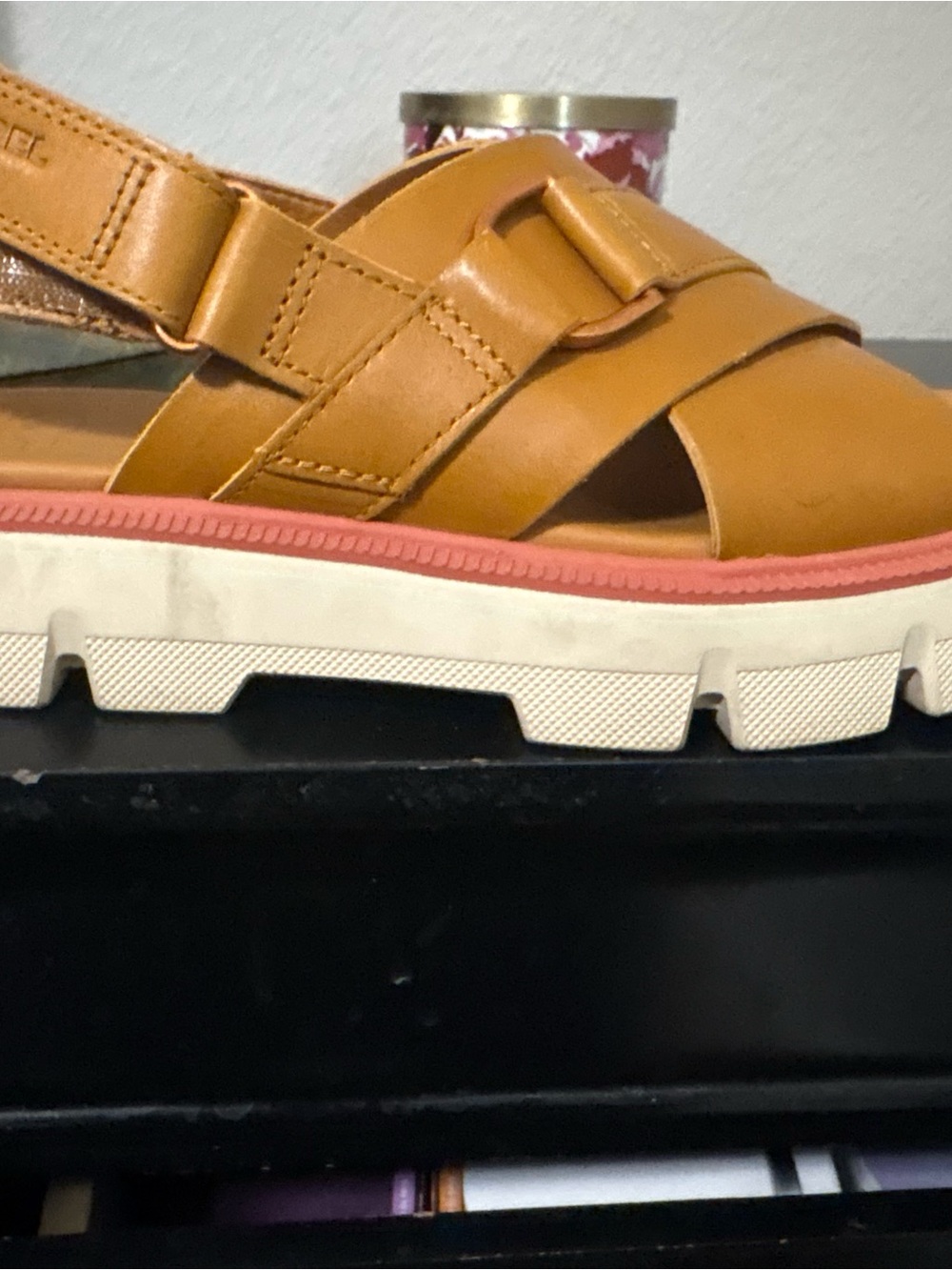 Sorel Women's Tan Leather Strappy Platform Sandal with Pink Trim